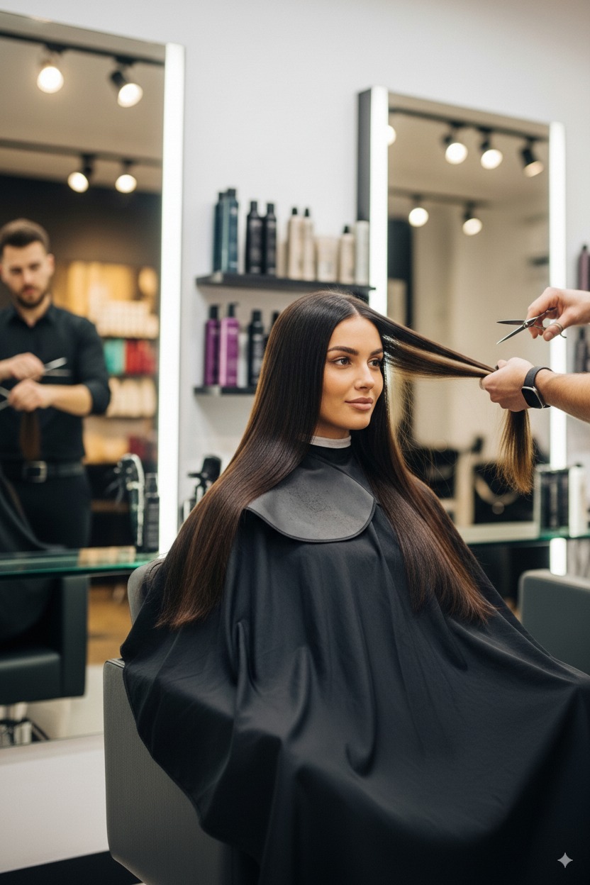 A stylist performing a hair relaxing treatment