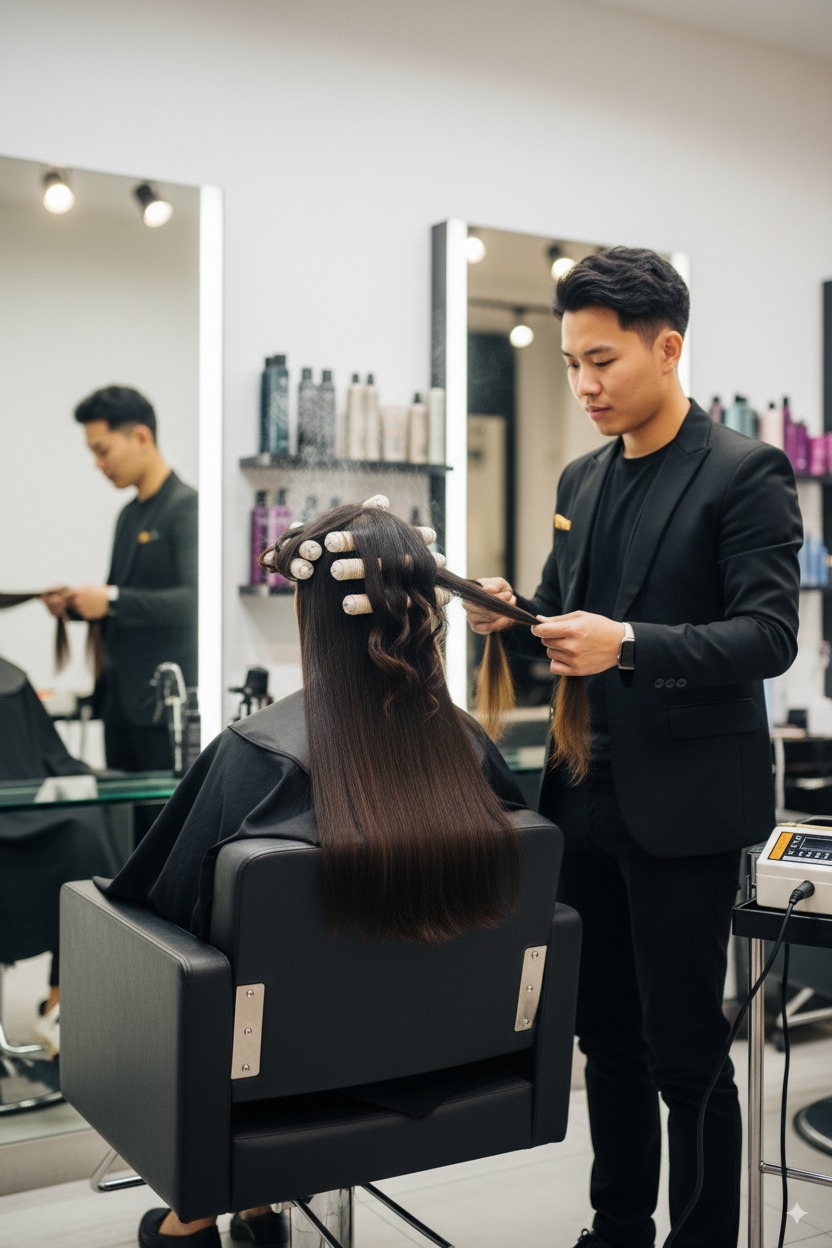 A person with digital perm styled hair